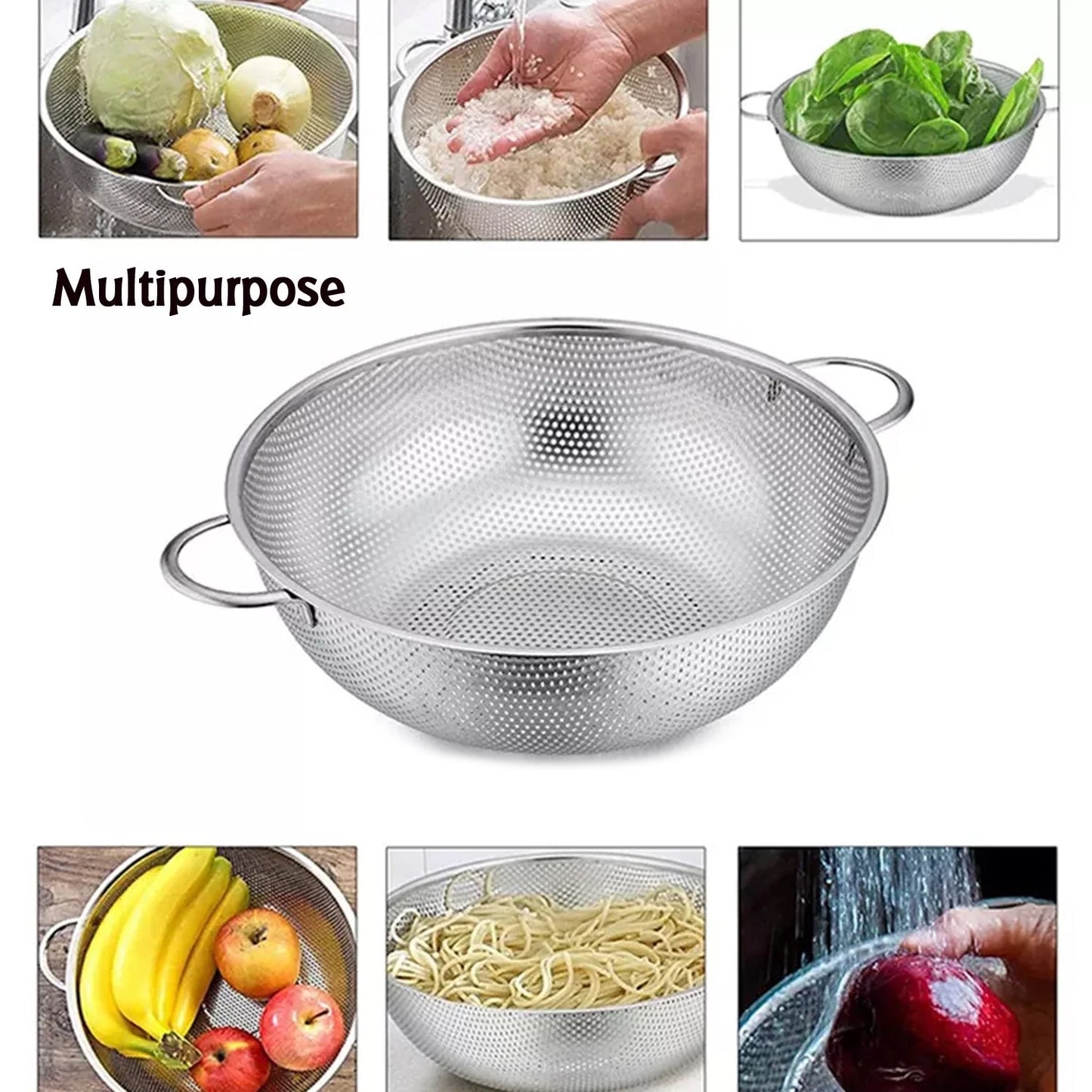 Stainless Steel Colander With Handle Large Metal Mesh Basket Strainer For Pasta Spaghetti Berry Veggies Fruits Kitchen Food Colander Dishwasher Safe (1 Pc 25.5 Cm)