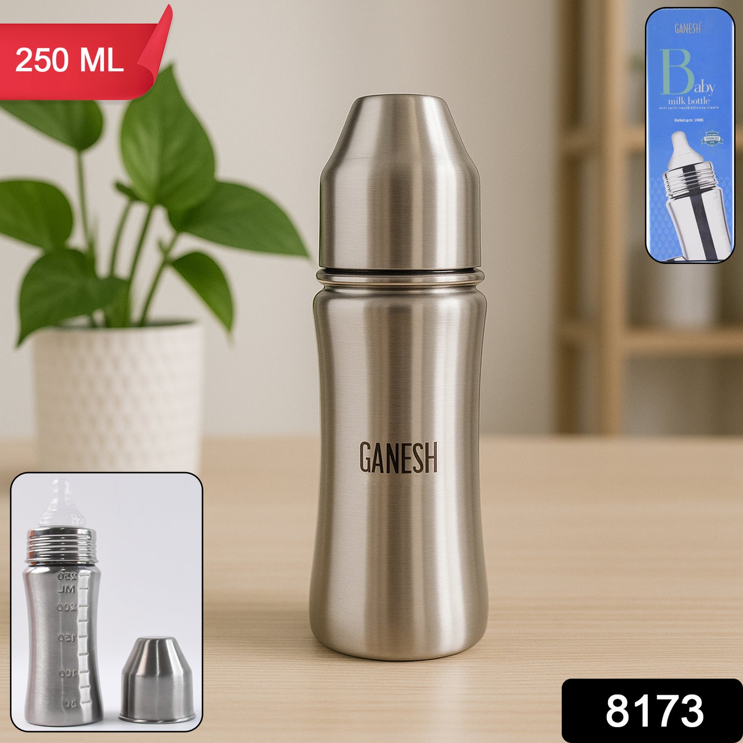 Ganesh Stainless Steel Baby Feeding Bottle Milk Bottle For New Born Infants Toddler Up To 3 Years Bfa Free (250 Ml Approx)
