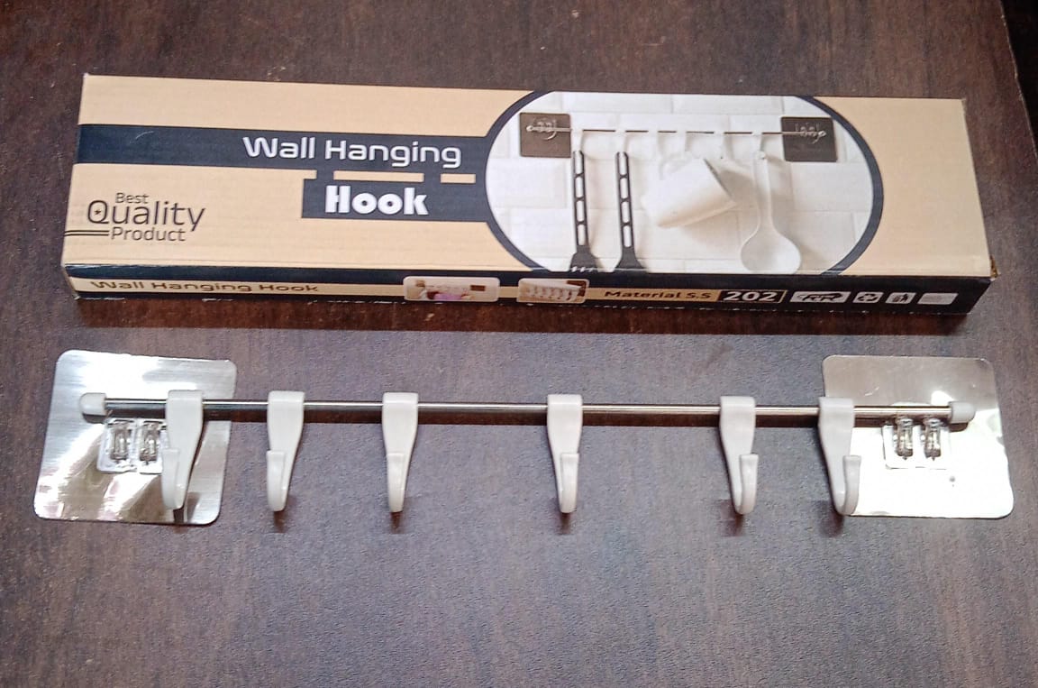 Stainless Steel Utensil Hanger Rail Nail Free Wall Mount With 2 Magic Stickers 6 Plastic Hooks For Kitchen