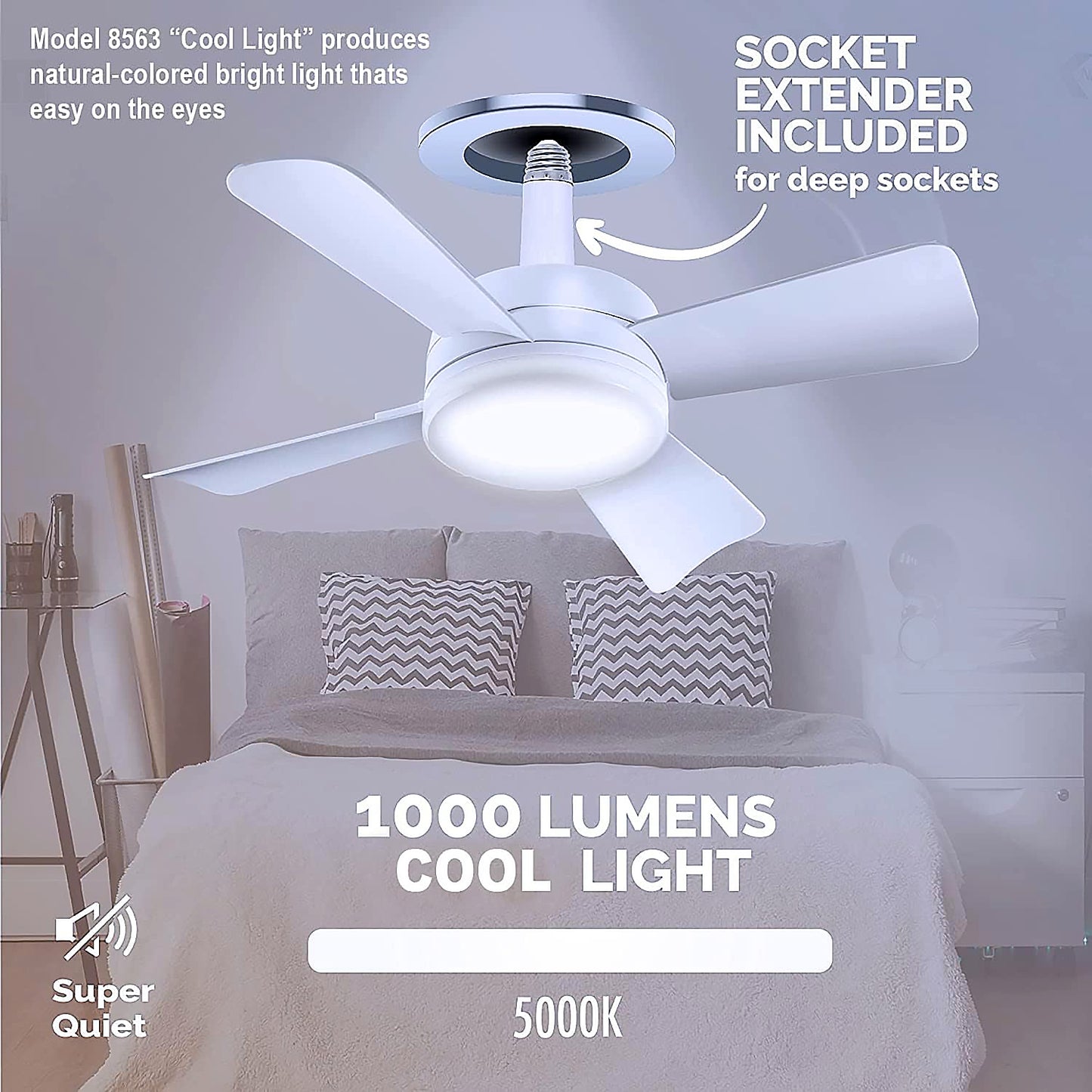 Socket Fan Light Original - Cool Light Led Ceiling Fans With Lights And Remote Control Replacement For Lightbulb - Bedroom Kitchen Living Room1000 Lumens 5000 Kelvins Cool Leds (Remote Battery Not Included)