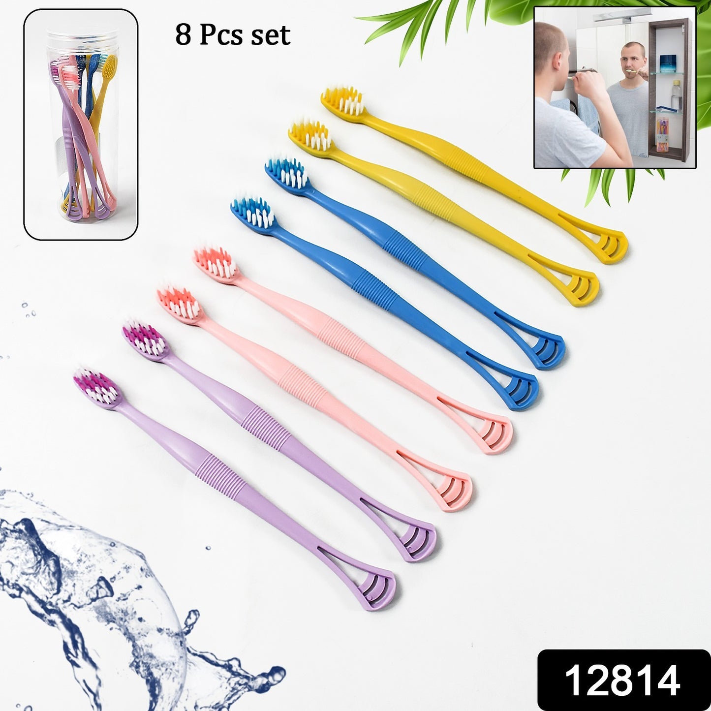 2-in-1 Tooth Brush With Tongue Scraper Soft Bristle Long Handle (8pcs) Soft Toothbrush