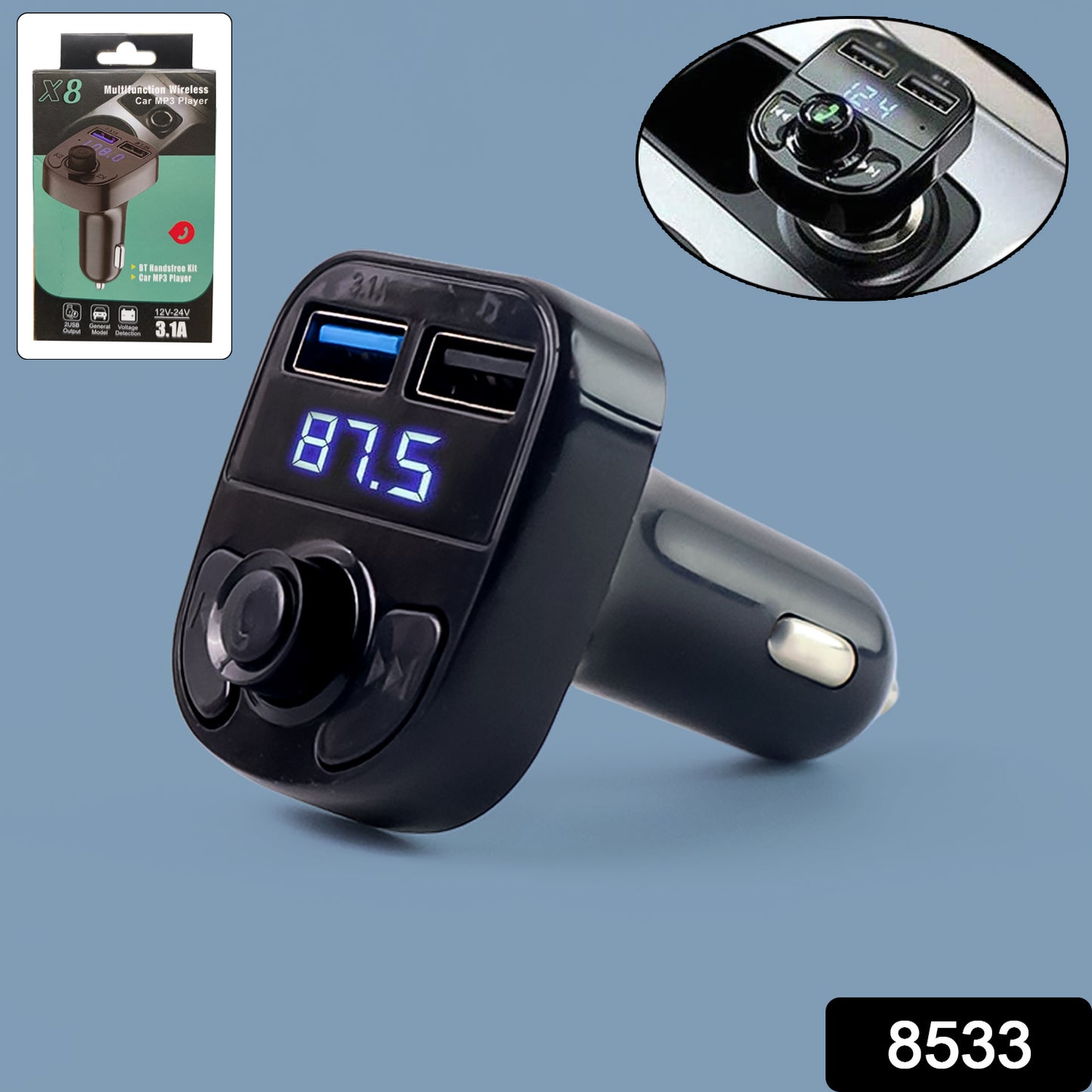 Car-x8 Bluetooth Fm Transmitter Kit For Hands-free Call Receiver Music Player Call Receiver Fast Mobile Charger Ports For All Smartphoneswith 3.1a Quick Charge Dual Usb Car Charger