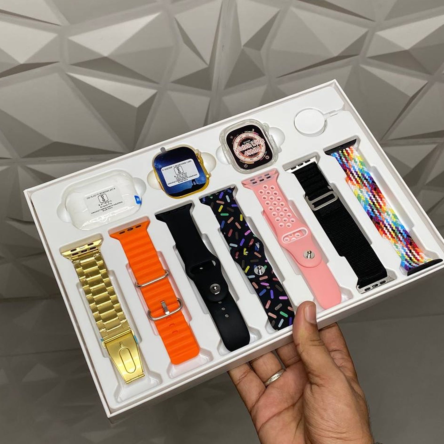 10 In 1 Set Ultra Smart Bluetooth Calling Smartwatch + Earphones With Transparent Screen Guard Watch With Seven Classic Straps (Mix Color)