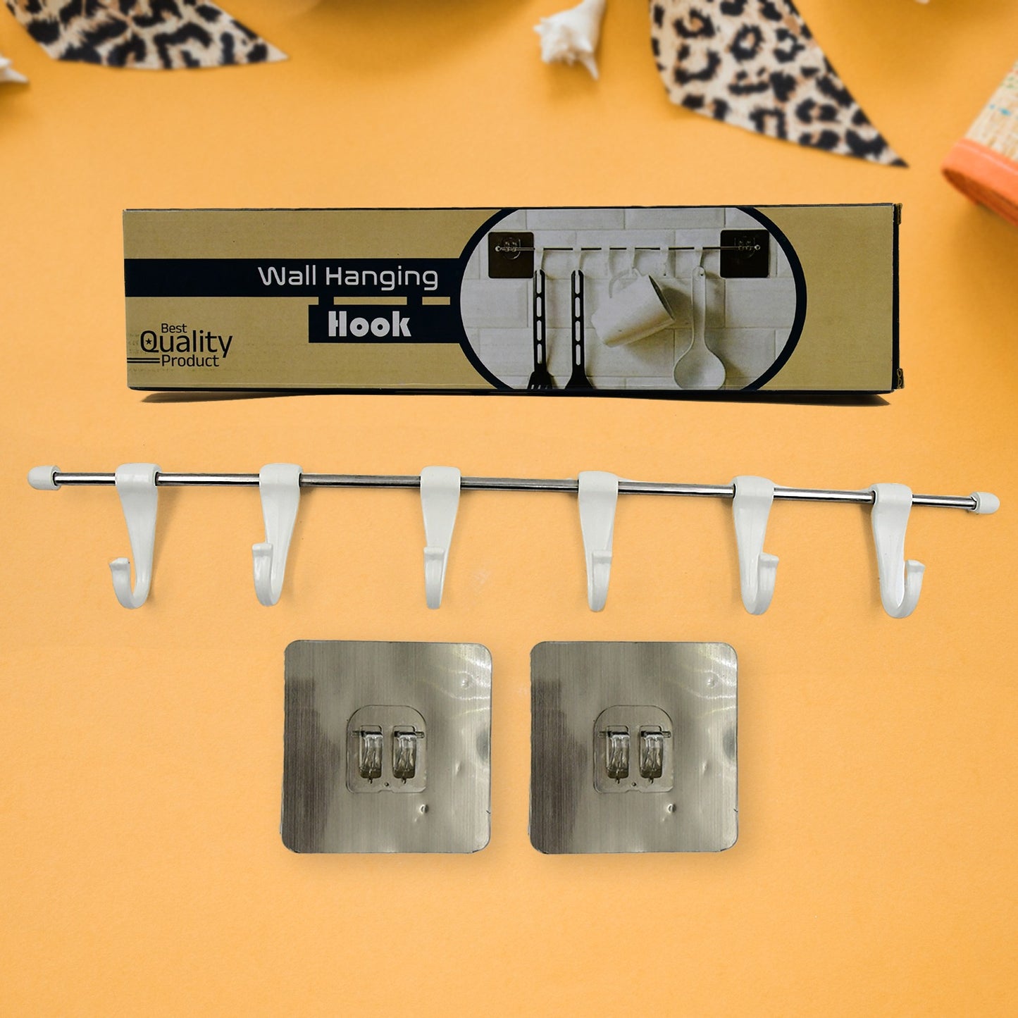 Stainless Steel Utensil Hanger Rail Nail Free Wall Mount With 2 Magic Stickers 6 Plastic Hooks For Kitchen