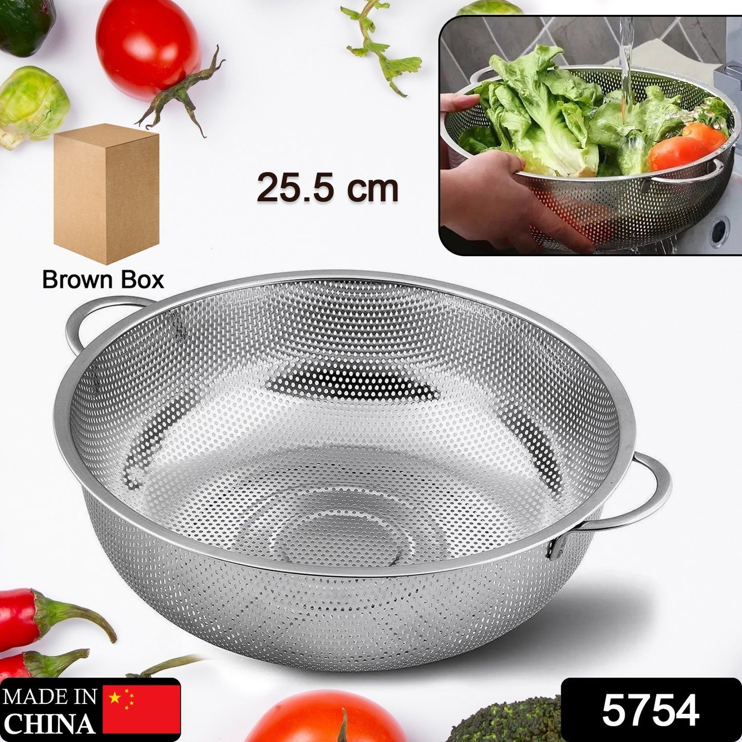 Stainless Steel Colander With Handle Large Metal Mesh Basket Strainer For Pasta Spaghetti Berry Veggies Fruits Kitchen Food Colander Dishwasher Safe (1 Pc 25.5 Cm)