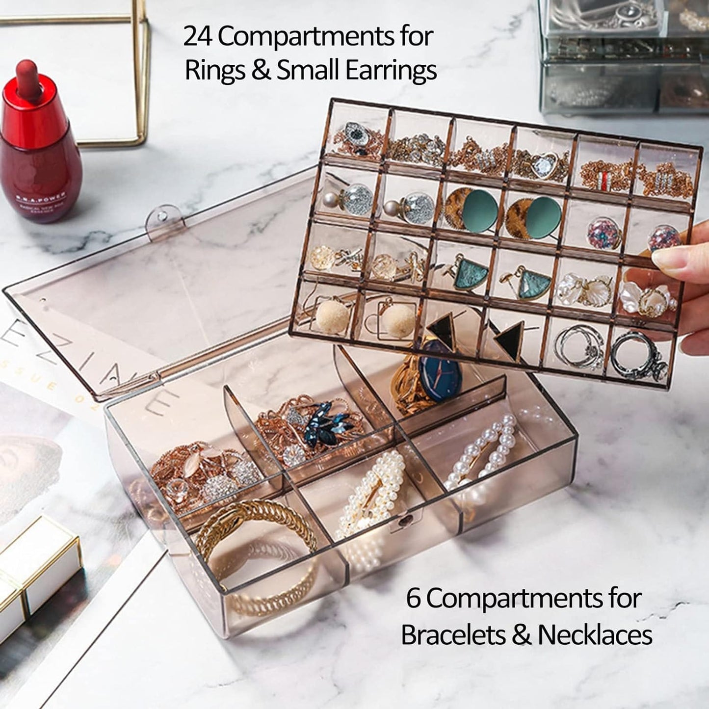 2 Layer Acrylic Jewelry Storage Box Dustproof Earring Box Storage Box Portable Nail Art Storage Case 24-grid Small And 6-grid Big Case Makeup Vanity Box (1 Pc 30 Compartment)
