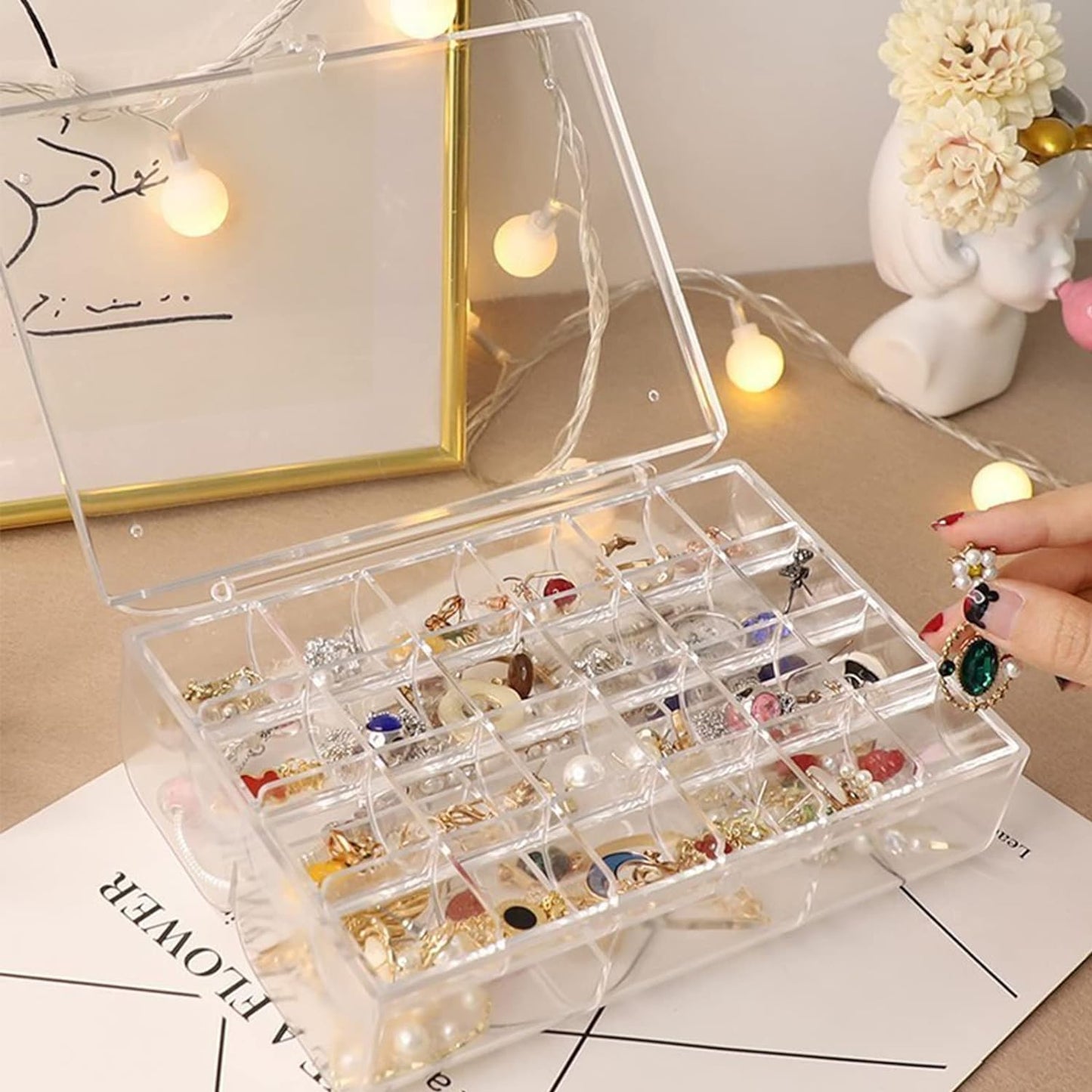 2 Layer Acrylic Jewelry Storage Box Dustproof Earring Box Storage Box Portable Nail Art Storage Case 24-grid Small And 6-grid Big Case Makeup Vanity Box (1 Pc 30 Compartment)