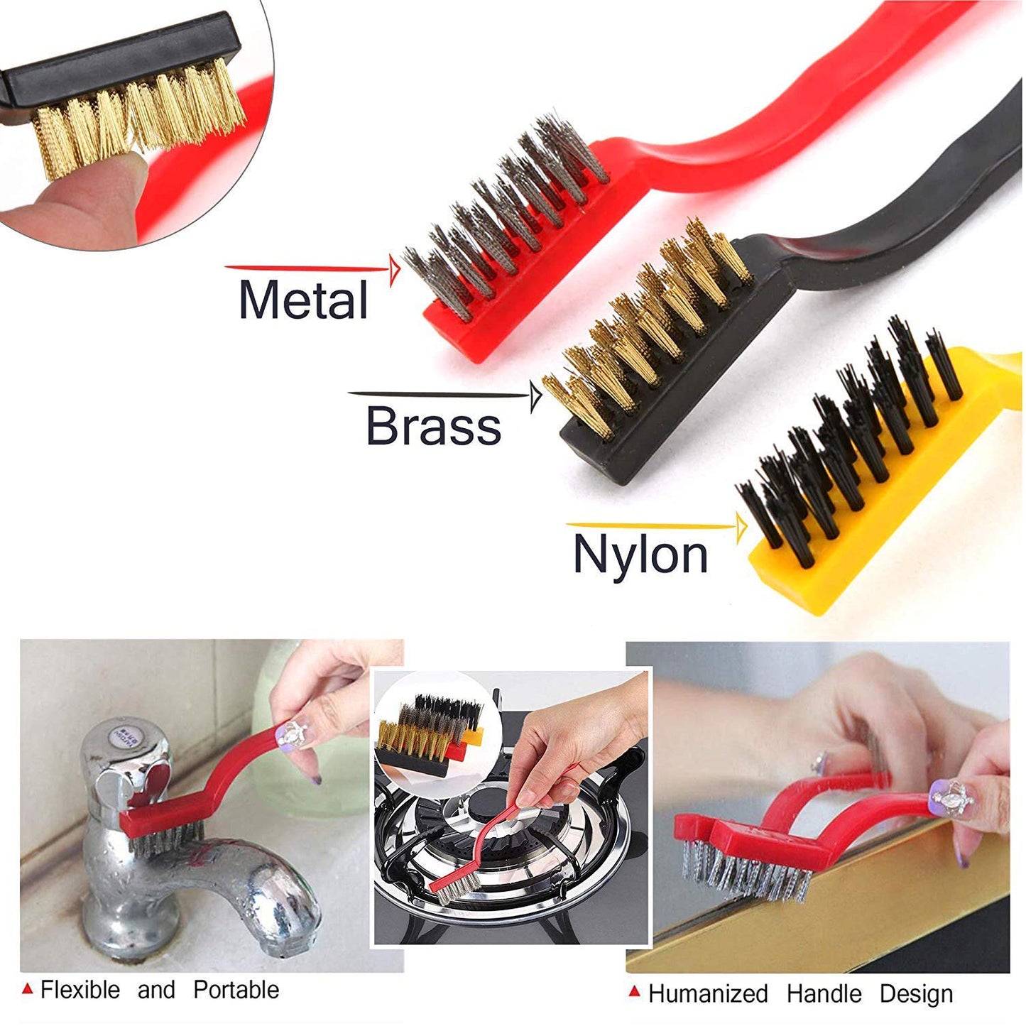 3pc Mini Wire Brush Set Brass Nylon Stainless Steel Bristles Household Cleaning Brush For Gas Stove Smoke Machine Tool Burner Tiles Tap Rust Removal Welding Slag Dirt Paint Scrubbing.