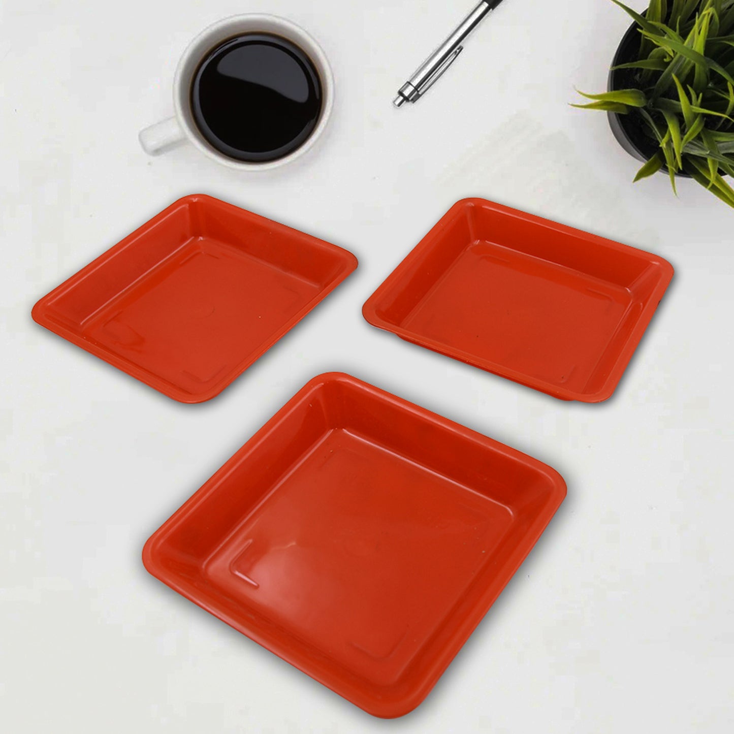 Square Plastic Halwa Dinner Plate Snacks Breakfast Restaurant Serving Trays Home School Coffee Hotel Kitchen Office (3 Pcs Set)