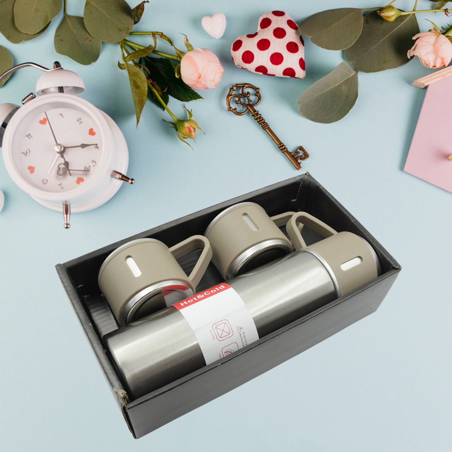 Stainless Steel Vacuum Flask Set With 3 Steel Cups Combo For Coffee Hot Drink And Cold Water Flask Ideal Gifting Travel Friendly Latest Flask Bottle. (500ml)