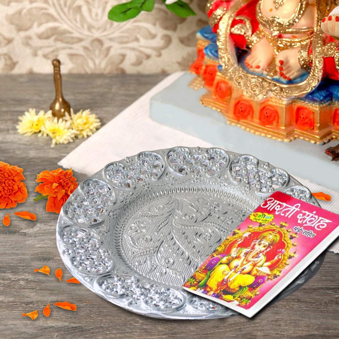 Silver-plated-swastik-pooja-thali-set-glossy-puja-thali