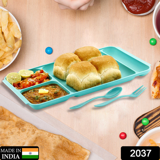 4compartment Dish With Spoon And Fork(1 Dish Set With 1spoon And 1fork) Dinner Plate Plastic Compartment Plate Pav Bhaji Plate 4-compartments Divided Plastic Food Plate.