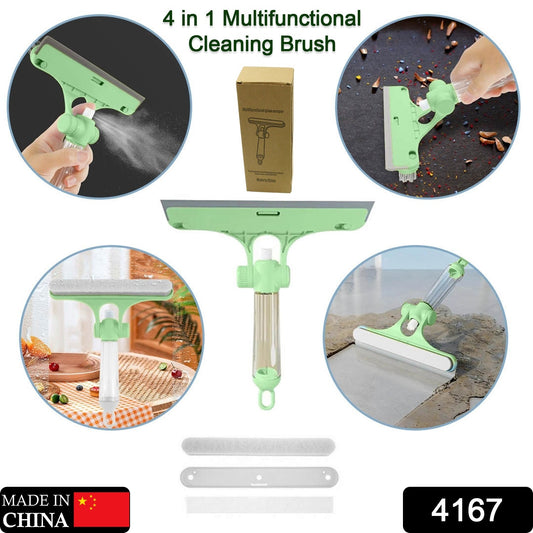 4 In 1 Multifunctional Glass Scraper Window Glass Wiper With Watering Can Silicon Cleaning Squeegee With Two Brush Heads Practical Squeegee For Shower Doors Windows Tiles And Car Glass