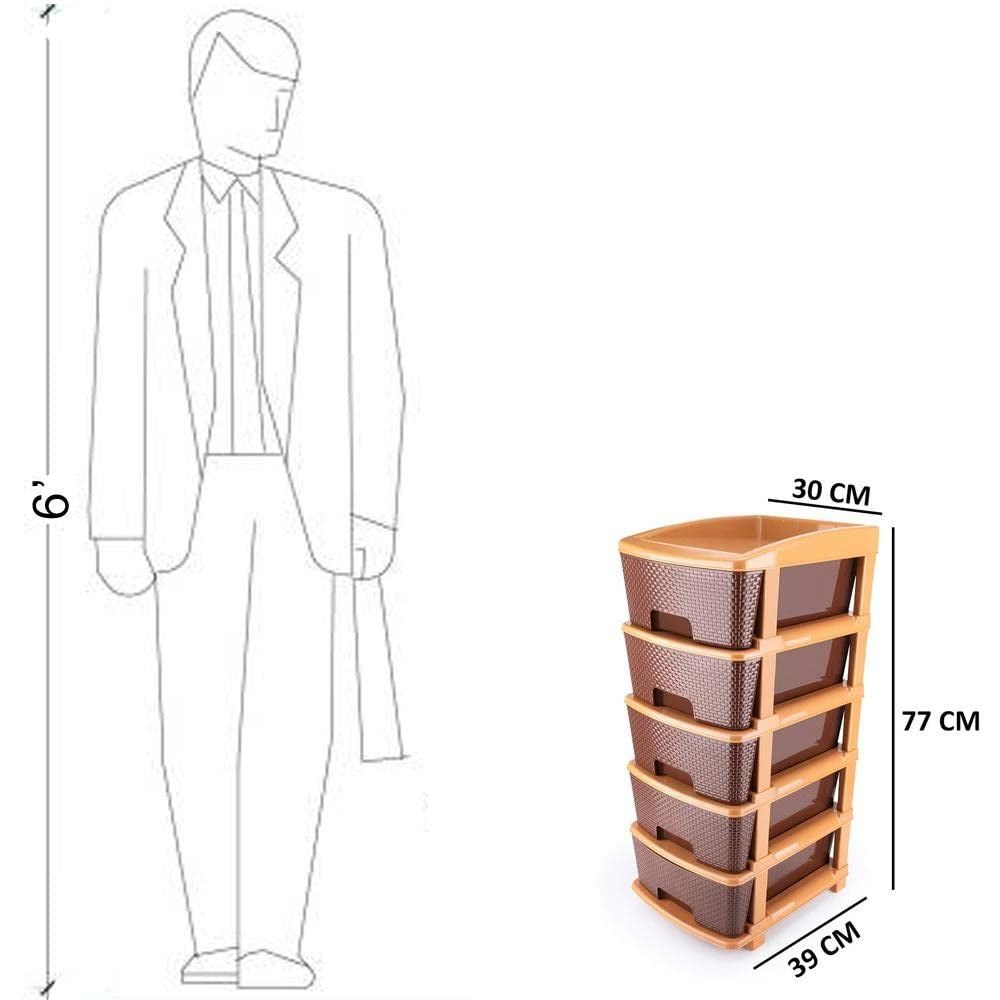 5tier Plastic Modular Drawer System For Multiple Use (Brown Colour)
